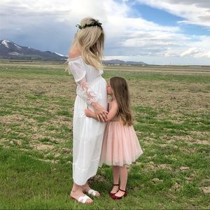 White off the shoulder lace maternity dress